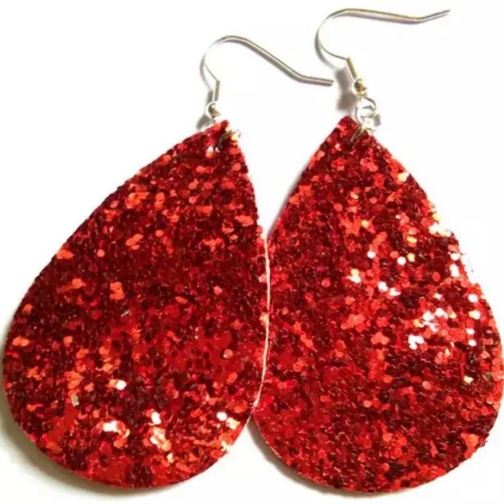 Large Red Glitter Teardrop Earrings